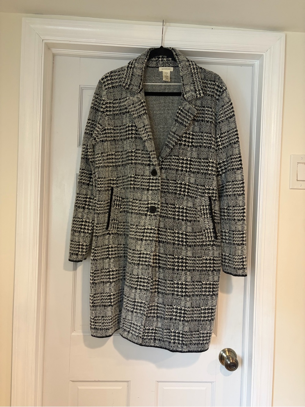 Max Studio Black and White Plaid Wool-Blend Pea Coat